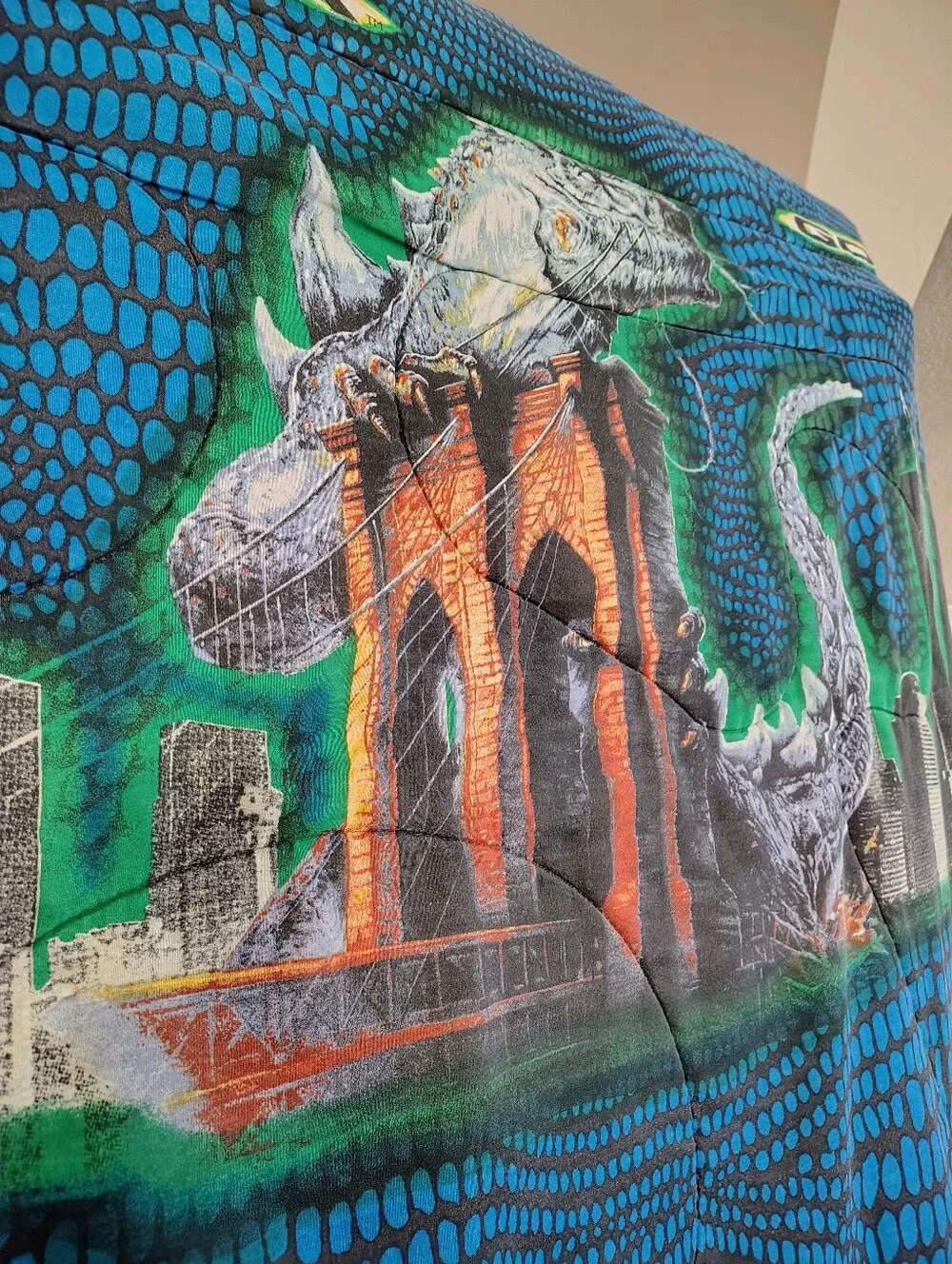 1998 Godzilla Movie  Blue Graphic Comforter Blanket Twin Size Vintage